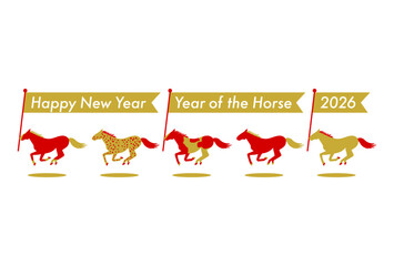 2026年午年の年賀状(旗を持って走る馬たち)
