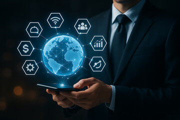 Business technology concept with businessman holding smartphone showing global digital network and futuristic connections