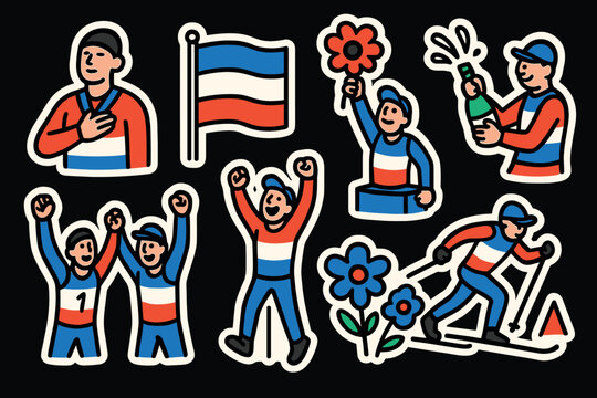 Cheerful celebration icons featuring festive people, national colors, and symbolic elements