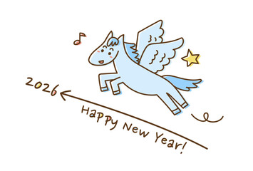 2026年午年の年賀状(ジャンプするかわいいペガサス)