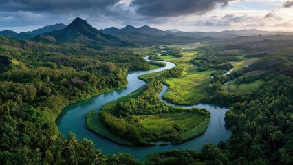 Fototapeta premium A winding river twists through a lush tropical valley, with green fields, dense forests, and distant mountains. Concept Tropical Valley Landscape, Winding River Scene, Lush Greenery, Dense Forests
