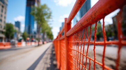 Bright orange construction fence along a city street under clear blue sky during daytime