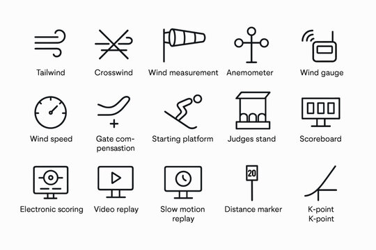 Minimalist icons for ski jumping: wind, scoring, and equipment essentials
