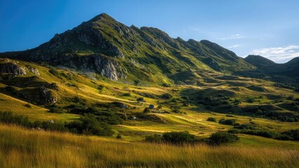 Fototapeta premium Sunlit green valley with rolling meadows and rugged rocky mountains under a clear blue sky. Concept Sunlit valley panorama, Rolling green meadows, Rugged rocky mountains
