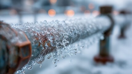 Ice crystals form on a metal railing during a cold winter day near a frozen lake