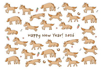 2026年午年の年賀状(ゆるかわいい馬模様)
