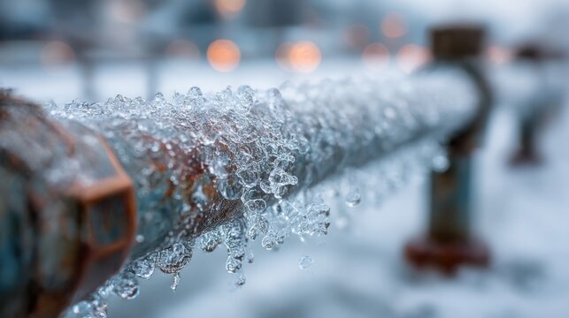 Ice crystals form on a metal railing during a cold winter day near a frozen lake