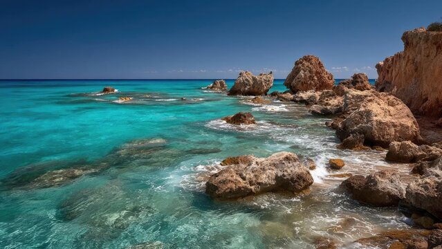Turquoise sea along a rocky coastline with jagged beige cliffs under a clear blue sky. Concept Turquoise Sea, Rocky Coastline, Beige Cliffs, Clear Blue Sky, Coastal Landscape - Powered by Adobe
