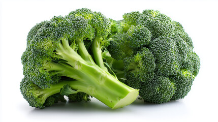 Vibrant broccoli heads with thick stems on a clean white backdrop highlight fresh vegetables perfect for health-focused food photography, recipes, grocery catalogs, and nutrition content.