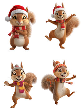 Cute cartoon happy adorable squirrel in a hat and scarf isolated on transparent background