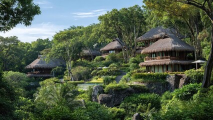 Obraz premium Thatched-roof villas on a lush hillside tropical resort, surrounded by trees, gardens and stone terraces. Concept Thatched-roof villas on a tropical hillside resort, Lush gardens and stone terraces