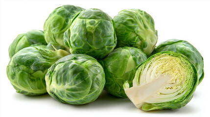 Fototapeta premium A cluster of fresh Brussels sprouts with vibrant green leaves and tight heads, perfect for healthy meals. Ideal for roasting, sautéing, or salads, showcasing fresh produce and farm-to-table quality.