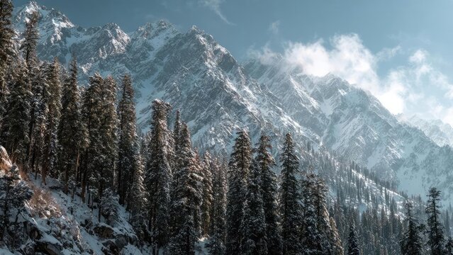 Snow-covered mountains towering over a dense pine forest in a snowy valley. Concept Snow-covered mountains, Dense pine forest, Snowy valley, Alpine winter light, Tranquil cold air - Powered by Adobe