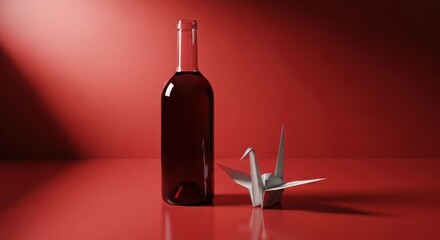 Red wine bottle, white origami crane, elegant still life on red backdrop.