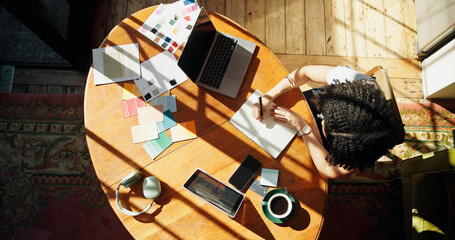 Writing, freelancer and above of woman in home for interior designer, project proposal and research. Online feedback, remote work and color swatch review with person and notebook in house for laptop