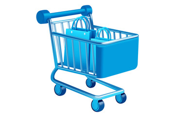 3D Shopping Cart with Blue Bags, E-commerce and Online Store Icon, Isolated on Transparent Background, PNG