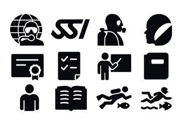 Scuba diving silhouette icons set for certification and training