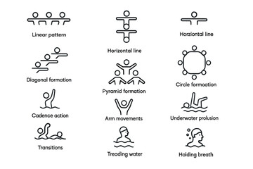Swimming techniques depicted in modern linear icons for training guides and tutorials