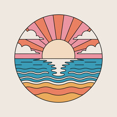 Sunset Beach Line Art Illustration