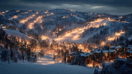 Snow-covered mountain village and ski resort at night, with glowing lights along the slopes and in the buildings. Concept Nighttime snow-covered mountain village with glowing ski-resort lights