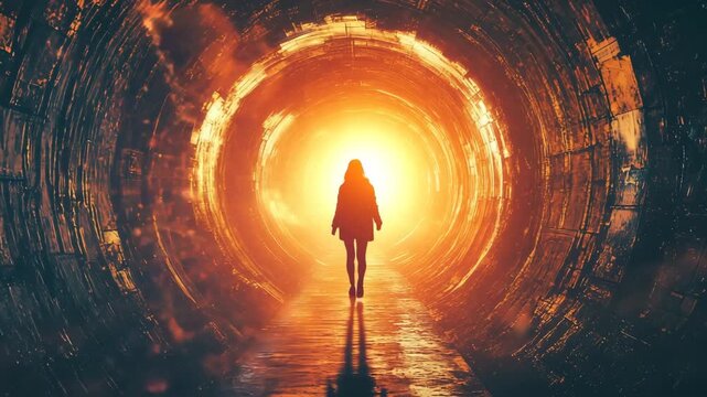A woman walks through a tunnel into the unknown.