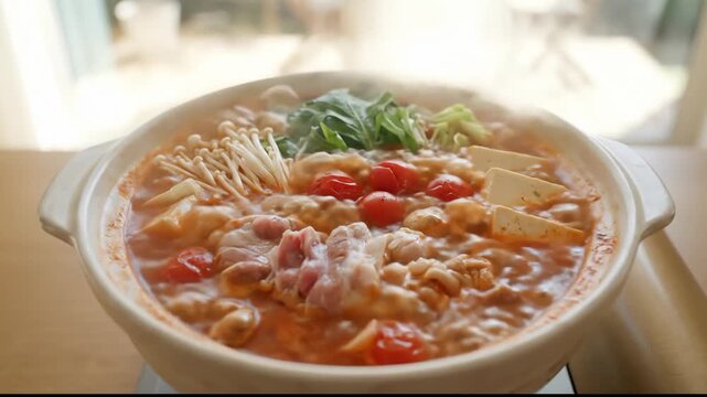 Simmering Chicken and Tofu Hot Pot With Vegetables in Earthenware Bowl