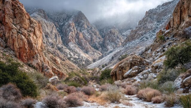 Snow-dusted canyon with towering rocky cliffs and sparse desert shrubs under a cloudy sky. Concept Snow-Dusted Canyon, Towering Rocky Cliffs, Sparse Desert Shrubs, Cloudy Sky, Winter Landscape