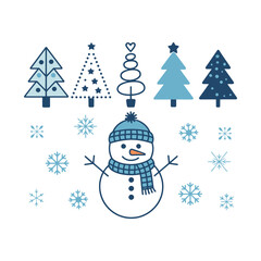 Snowman with Christmas Trees and Snowflakes Vector Illustration