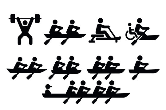 Silhouette icons of rowing and weightlifting activities in inclusive sports design