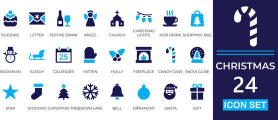 Christmas icon solid set featuring festive decorations, gifts, tree, ornaments, snowflakes, celebrations, and holiday-themed symbols for seasonal designs.