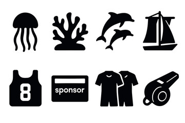 Black silhouette icons of marine life and sports elements