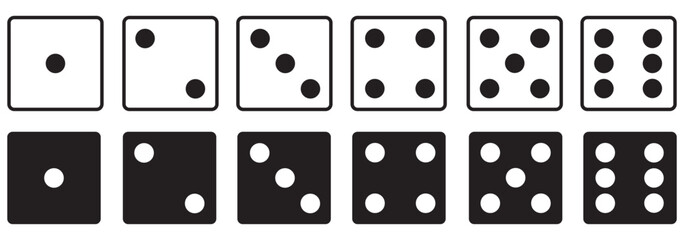 Dice graphic icons set. White, black game dice cubes from one to six dots. Gambling objects to play in casino, poker. Six faces of cube. Traditional die with numbers of dots from 1 to 6. 