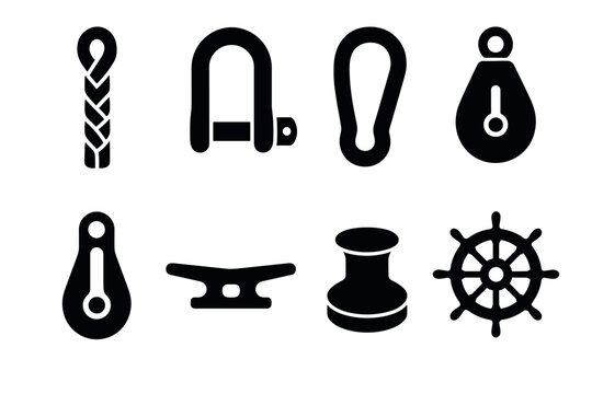 Nautical equipment icons: flat silhouette collection for marine themes