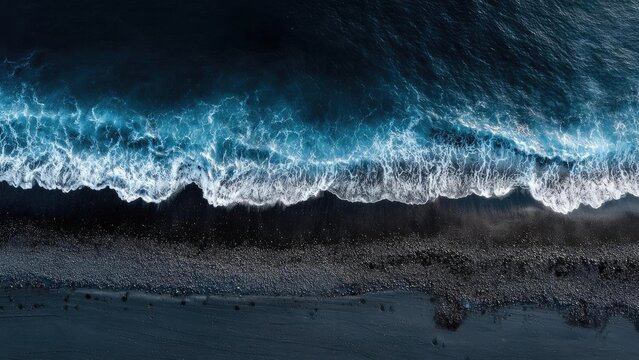 Aerial view of a dark pebble beach with blue waves crashing and white foam along the shore. Concept Aerial Coastal Landscape, Dark Pebble Beach, Blue Waves with White Foam