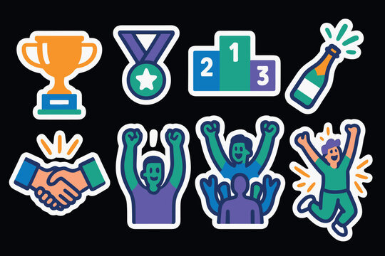Dynamic celebration icons featuring trophies, medals, and victorious moments in bold colors