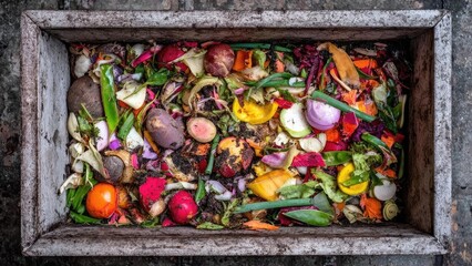 A wooden bin full of colorful kitchen scraps for compost. Concept Composting, Kitchen Scraps, Wooden Bin, Colorful Waste, Sustainable Gardening