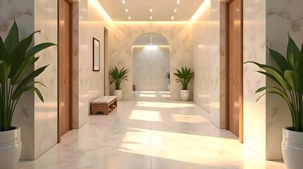 Fototapeta premium Hallway in a house with potted plants placed along the walls and a bench creating an indoor decor scene with natural greenery and realistic home environment