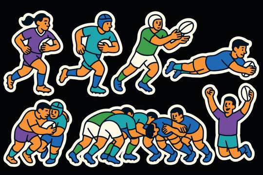 Vibrant rugby action stickers featuring players and team dynamics