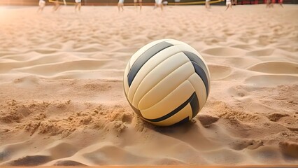 Volleyball ball placed on sand in the middle of the beach with realistic outdoor lighting showing a detailed scene of sports and leisure environment