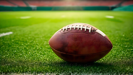 Close up of a rugby ball on a green field with detailed view and natural outdoor lighting showing realistic sports environment for athletic activity