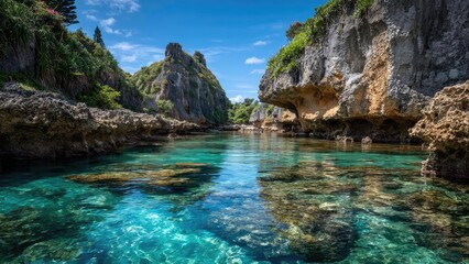 Crystal-clear turquoise water between rugged cliffs, lush greenery along the sides, under a bright blue sky. Concept Crystal-clear Turquoise Water, Rugged Cliffs, Lush Greenery, Bright Blue Sky