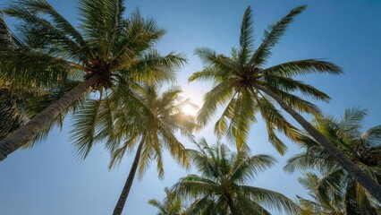 Fototapeta premium Palm trees reaching toward a bright blue sky with the sun peeking through their fronds. Concept Palm Trees, Bright Blue Sky, Sunlight Through Fronds, Tropical Vibe, Lens Flare
