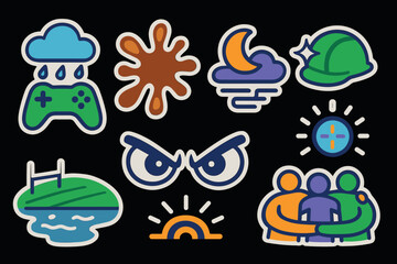 Colorful sticker set: gaming, nature, emotions, and friendship icons