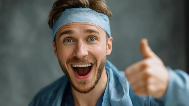 Happy young man in surgical attire expressing joy and excitement in a medical environment, highlighting a sense of positivity and professionalism