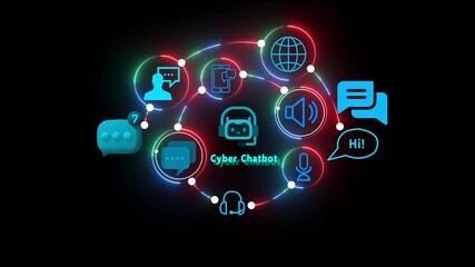 Neon Network of Chatbot Icons and Communication Symbols on Black Background cyber artificial intelligence - Powered by Adobe