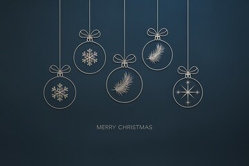Elegant Christmas Ornaments in Gold Outline Design with Festive Elements on a Dark Blue Background, creating a minimalist and sophisticated holiday atmosphere.