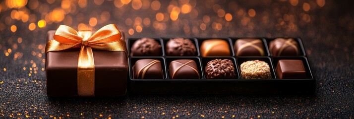 Elegant assortment of romantic holiday chocolates in decorative gift boxes with beautiful ribbons