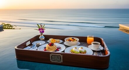 Luxury breakfast tray overlooking ocean sunrise