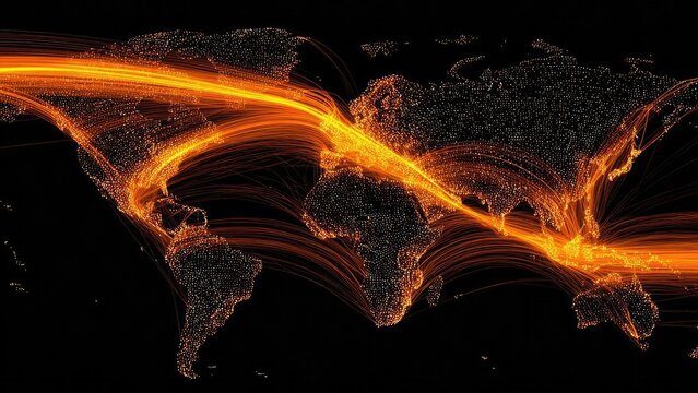 Glowing world map dotted with lights and bright orange data streams illustrating global internet traffic. Concept Glowing world map with illuminated nodes, Dotted lights for global connectivity