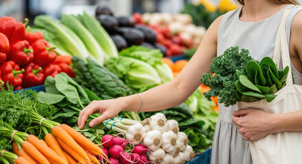 Woman shopping for fresh vegetables at a farmers market, choosing healthy organic produce for a sustainable lifestyle.